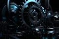 Mechanism blackblue metallic gears and cogs at work on white background under spot light background, industrial machinery, 3d illu Royalty Free Stock Photo