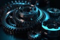 Mechanism blackblue metallic gears and cogs at work on white background under spot light background, industrial machinery, 3d illu Royalty Free Stock Photo