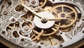 Mechanism, clockwork of a watch with jewels, close-up. Vintage luxury background. Time, work concept