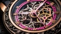 Mechanism, clockwork of a watch with jewels, close-up. Vintage luxury background. Time, work concept