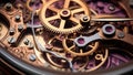 Mechanism, clockwork of a watch with jewels, close-up. Vintage luxury background. Time, work concept