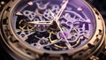 Mechanism, clockwork of a watch with jewels, close-up. Vintage luxury background. Time, work concept