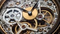 Mechanism, clockwork of a watch with jewels, close-up. Vintage luxury background. Time, work concept