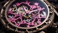 Mechanism, clockwork of a watch with jewels, close-up. Vintage luxury background. Time, work concept