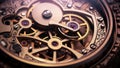 Mechanism, clockwork of a watch with jewels, close-up. Vintage luxury background. Time, work concept