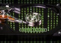 The mechanism of a computer hard disk drive with a blurred green words `System Failure`. The symbol of the disruption of computer Royalty Free Stock Photo