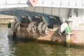 Mechanism of drawbridge across river. Bottom view of gears and lift structure