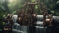 the mechanism of the engine Steam punk waterfall of power, with a landscape of metal pipes and gears, with a peaceful waterfall