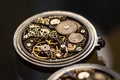 Mechanism with gears. clockwork skeleton. Elegant vintage handmade pocket watches with exclusive carvings and engravings. jewelry.