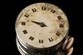 Mechanism of old clock with shabby clock face. Royalty Free Stock Photo