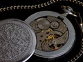 The mechanism of an old pocket watch. top view Royalty Free Stock Photo