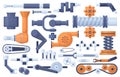 Mechanism parts, machine, factory engine industrial elements. Technical gears and gear mechanics vector illustration set