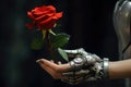 A mechanized hand holds a flower in its hand. Generative AI technology