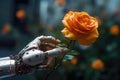 A mechanized hand plucks a flower. Generative AI technology