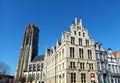 Mechelen,Belgium : postal office housed in ancient building with Saint-Rumbold tower in the background