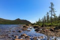 Mechta Dream Lake on a clear summer day, Magadan region. It is located about 200 meters higher the Jack London Lake Royalty Free Stock Photo