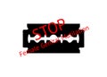 Stop female genital mutilation. Zero tolerance for FGM. Stop female circumcision, female cutting. Razor blade with text isolated Royalty Free Stock Photo