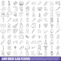 100 med lab icons set, outline style Royalty Free Stock Photo