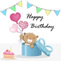 Teddy Bear comes out of a gift with balloons, happy birthday greeting card vector illustration Royalty Free Stock Photo