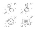 Medal, Checkbox and Timer icons set. Comment sign. Winner, Approved, Deadline management. Talk bubbles. Vector