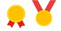 Medal gold award flat icon vector or blank empty golden achievement medallion hanging yellow with red ribbon isolated on white Royalty Free Stock Photo