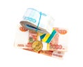 Medal `For great job` and stacks of russian banknotes