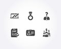 Medal, Id card and Hiring employees icons. Sales diagram, Report checklist and Salary employees signs.