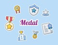 Medal lettering around award and medal icons set collection package isolated background with modern cartoon color flat style Royalty Free Stock Photo