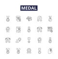 Medal line vector icons and signs. Trophy, Badges, Insignia, Ribbons, Laurels, Badge, Honor, Commemorative outline