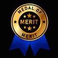 medal of merit golden gold badge with blue ribbon achievement award black background best appreciation