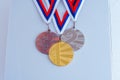 Medal set. Gold silver and bronze medal for 1st 2nd and 3rd place. Sport photo. White edit space Royalty Free Stock Photo