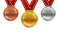 Medal set realistic. Red ribbons gold silver and bronze medals with laurel leaves, first second third place, sport Royalty Free Stock Photo