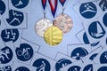 Medal Set, sport wallpaper, pictogram of summer events, original wallpaper for summer game. Medal ceremony, gold, silver and