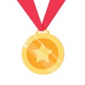 Medal for 1st, first place with star. Golden, trophy, winner award isolated on blue background. Badge and ribbon