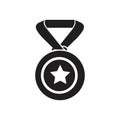 Medal with star for 1st, first place. Trophy, winner award isolated on black background. Badge and ribbon, glossy prize