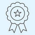 Medal thin line icon. Award with star shape in center, badge with ribbons. Sport vector design concept, outline style