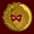 Medallion with fantasy fairy head in Venetian carnival mask. Gold coin with woman`s portrait. Fashionable print for logo, clothes