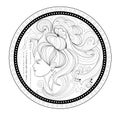 Medallion with portrait of beautiful girl. Black and white page for coloring book for children and adults. Modern print.