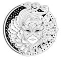 Medallion with portrait of fairy in carnival mask. Fantasy drawing of beautiful girl. Black and white page for coloring book.