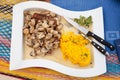 Medallions of pork fillet with mushrooms and boiled