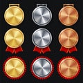 Medals Blank Set Vector. Realistic First, Second Third Placement Prize. Classic Empty Medals Concept. Red Ribbon. Sport Game Golde