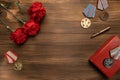 Medals and flowers on wooden table for day of glory, 9 may.