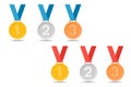 Set of gold medal, silver medal and bronze medal with blue and red ribbon. Vector isolates in cartoon flat style. Royalty Free Stock Photo