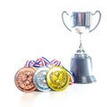 Medals - gold, silver and bronze isolated on white. Reflected