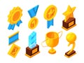 Medals of honor and different sport trophies. Isometric vector illustrations