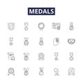 Medals line vector icons and signs. Award, Badge, Trophy, Commendation, Honor, Citation, Decoration, Insignia outline