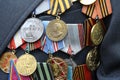 Medals and orders of the Soviet Union on costume of a veteran of the World War II. Celebration of Victory Day. Kyiv Royalty Free Stock Photo