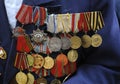 Medals and orders of the Soviet Union on costume of a veteran of the World War II. Celebration of Victory Day. Kyiv Royalty Free Stock Photo