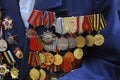 Medals and orders of the Soviet Union on costume of a veteran of the World War II. Celebration of Victory Day Royalty Free Stock Photo