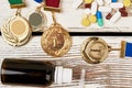 Medals, pills and bottle. Royalty Free Stock Photo